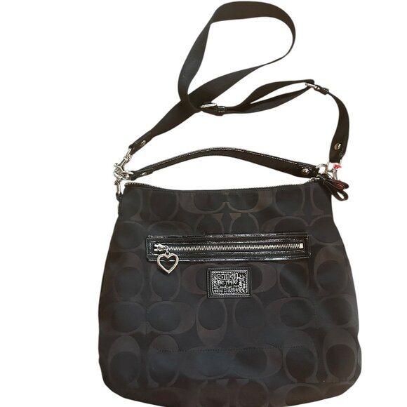 Coach Poppy Signature Convertible Hobo Bag Black Patent Trim Silver Hardware - Picture 3 of 9